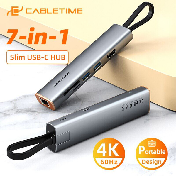 CABLETIME docking station CT-HUBP7-AG, 7 θυρών, USB-C, 100W, 4K, γκρι