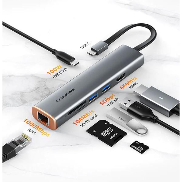 CABLETIME docking station CT-HUBP7-AG, 7 θυρών, USB-C, 100W, 4K, γκρι
