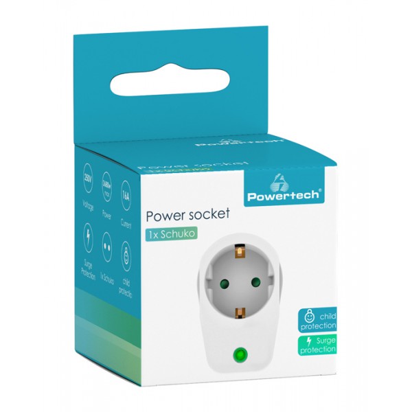 POWERTECH αντάπτορας ρεύματος PT-996, 1 θέση schuko, 16A, 3680W, λευκός POWERTECH αντάπτορας ρεύματος PT-996, 1 θέση schuko, 16A, 3680W, λευκός