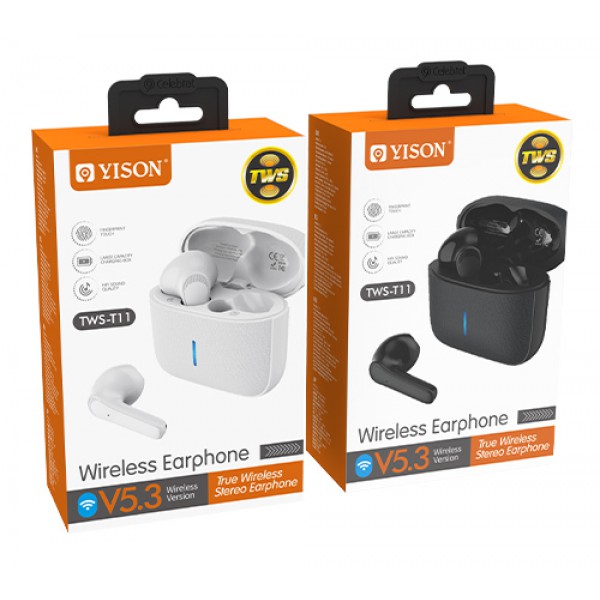 YISON earphones με θήκη φόρτισης TWS-T11, True Wireless 30/200mAh, λευκά YISON earphones με θήκη φόρτισης TWS-T11, True Wireless 30/200mAh, λευκά