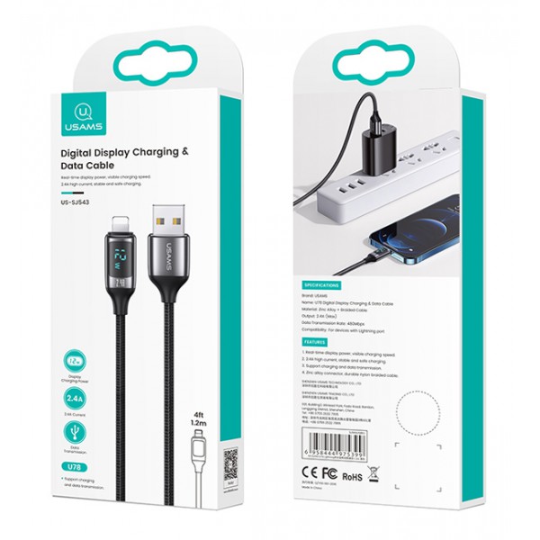 USAMS καλώδιο Lightning σε USB US-SJ543, 2.4A, 1.2m, ασημί