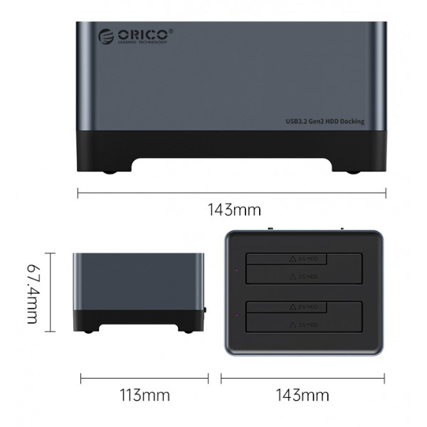 ORICO docking station 5828C3-C, clone function, 2x HDD/SSD, 10Gb/s, RGB ORICO docking station 5828C3-C, clone function, 2x HDD/SSD, 10Gb/s, RGB