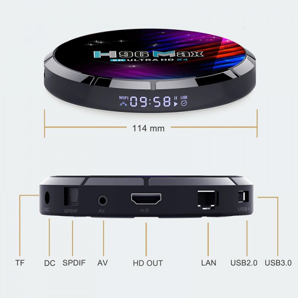 TV Box H96 Max X4, 8K, S905X4, 4/32GB, Wi-Fi 2.4/5GHz, Android 11 TV Box H96 Max X4, 8K, S905X4, 4/32GB, Wi-Fi 2.4/5GHz, Android 11