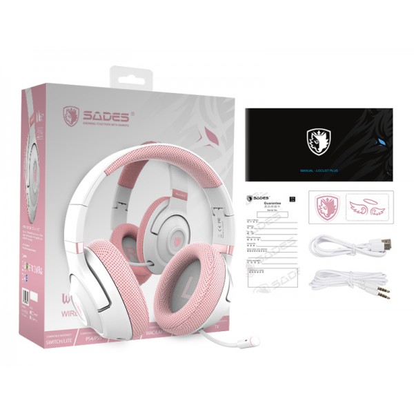 SADES gaming headset Whisper, wireless & wired, multiplatform, BT, ροζ