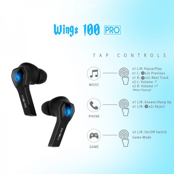 SADES gaming earphones Wings 100 Pro, θήκη φόρτισης True Wireless, μαύρα