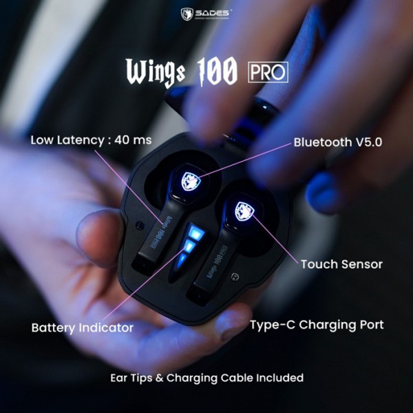 SADES gaming earphones Wings 100 Pro, θήκη φόρτισης True Wireless, μαύρα
