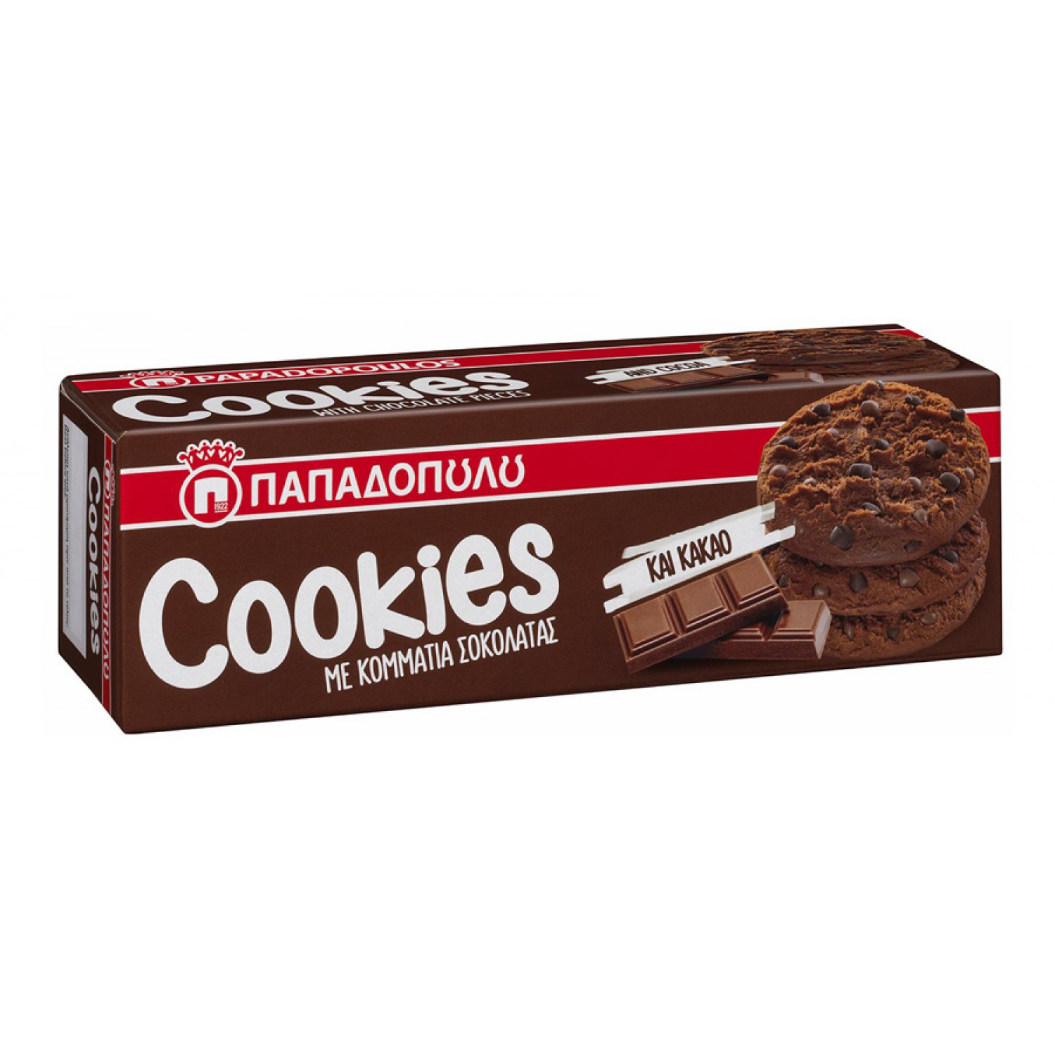 ΠΑΠΑΔΟΠΟΥΛΟΥ μπισκότα Cookies με κομμάτια σοκολάτας και κακάο, 180g