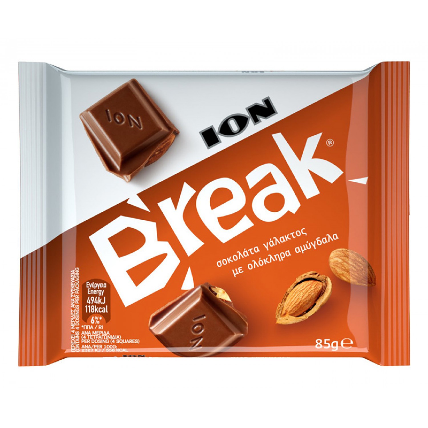 ΙΟΝ σοκολάτα γάλακτος Break με ολόκληρα αμύγδαλα, 85g