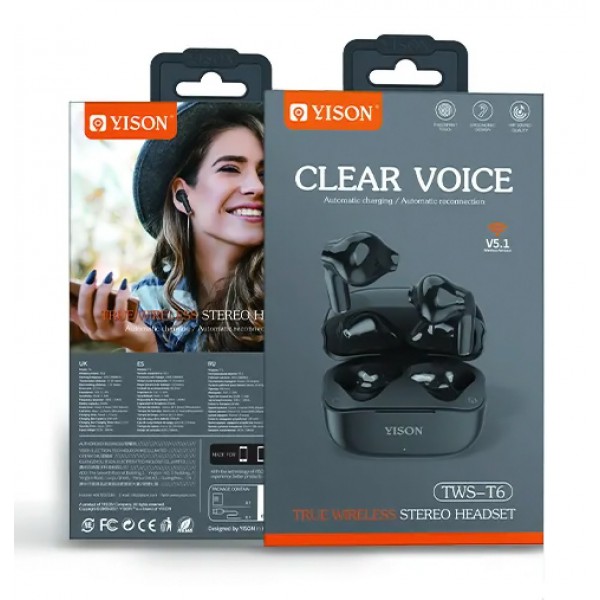 YISON earphones με θήκη φόρτισης TWS-T6, True Wireless, μαύρα YISON earphones με θήκη φόρτισης TWS-T6, True Wireless, μαύρα