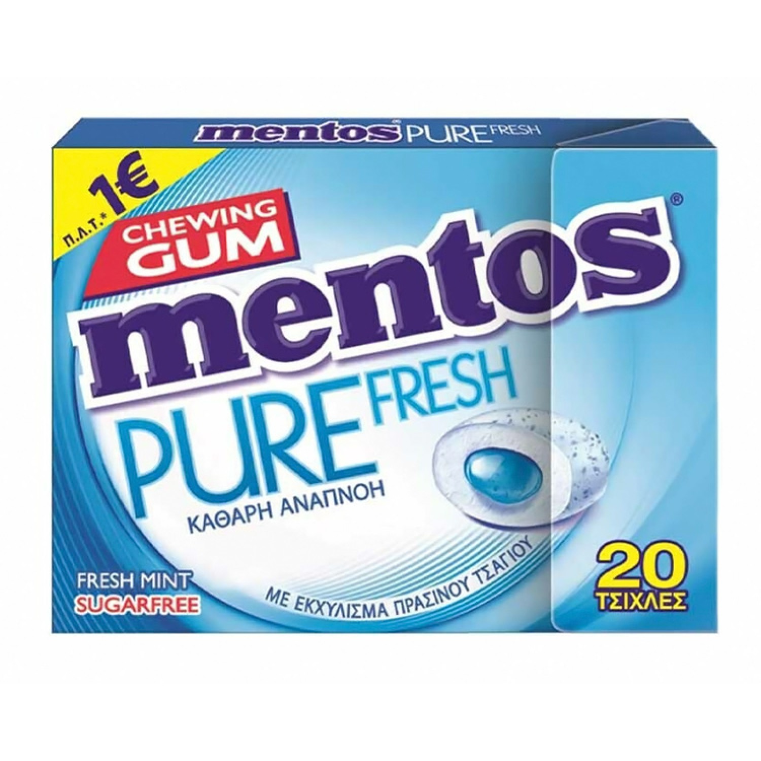 MENTOS τσίχλες pure fresh με γεύση μέντα, χωρίς ζάχαρη, 20τμχ