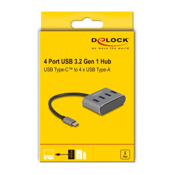DELOCK USB hub 63223, 4x θυρών, 5Gbps, USB-C σύνδεση, γκρι DELOCK USB hub 63223, 4x θυρών, 5Gbps, USB-C σύνδεση, γκρι