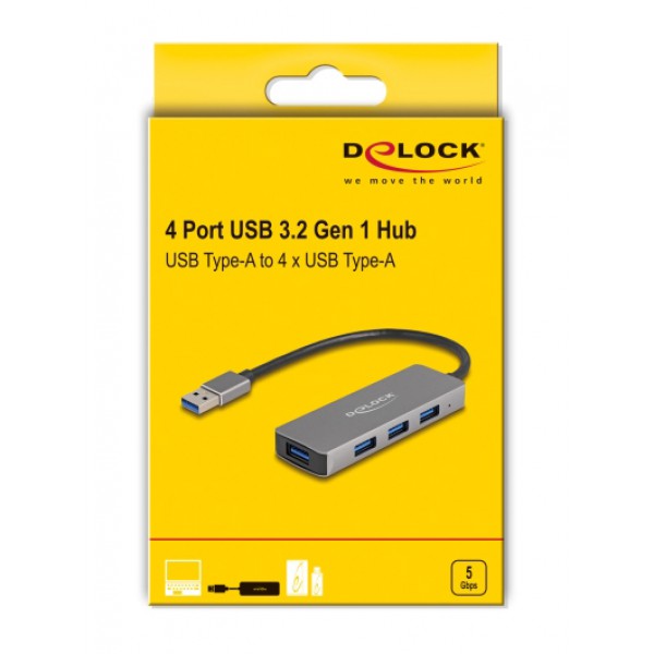 DELOCK USB hub 63171, 4x θυρών, 5Gbps, USB σύνδεση, γκρι