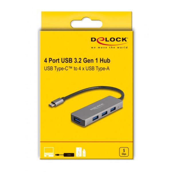 DELOCK USB-C hub 63173, 4x USB 3.2 Gen 1 θύρες, 5Gbps, γκρι DELOCK USB-C hub 63173, 4x USB 3.2 Gen 1 θύρες, 5Gbps, γκρι