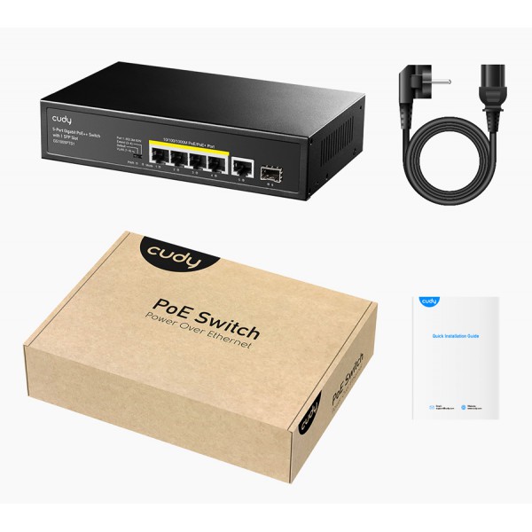 CUDY PoE+ switch GS1005PTS1, 5-port PoE+, 1x SFP, 120W, V1.0 CUDY PoE+ switch GS1005PTS1, 5-port PoE+, 1x SFP, 120W, V1.0
