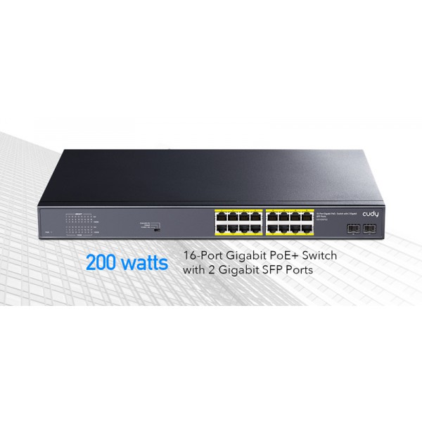 CUDY PoE+ switch GS1020PS2, 16-port PoE+, 2x SFP, 200W, V2.0 CUDY PoE+ switch GS1020PS2, 16-port PoE+, 2x SFP, 200W, V2.0