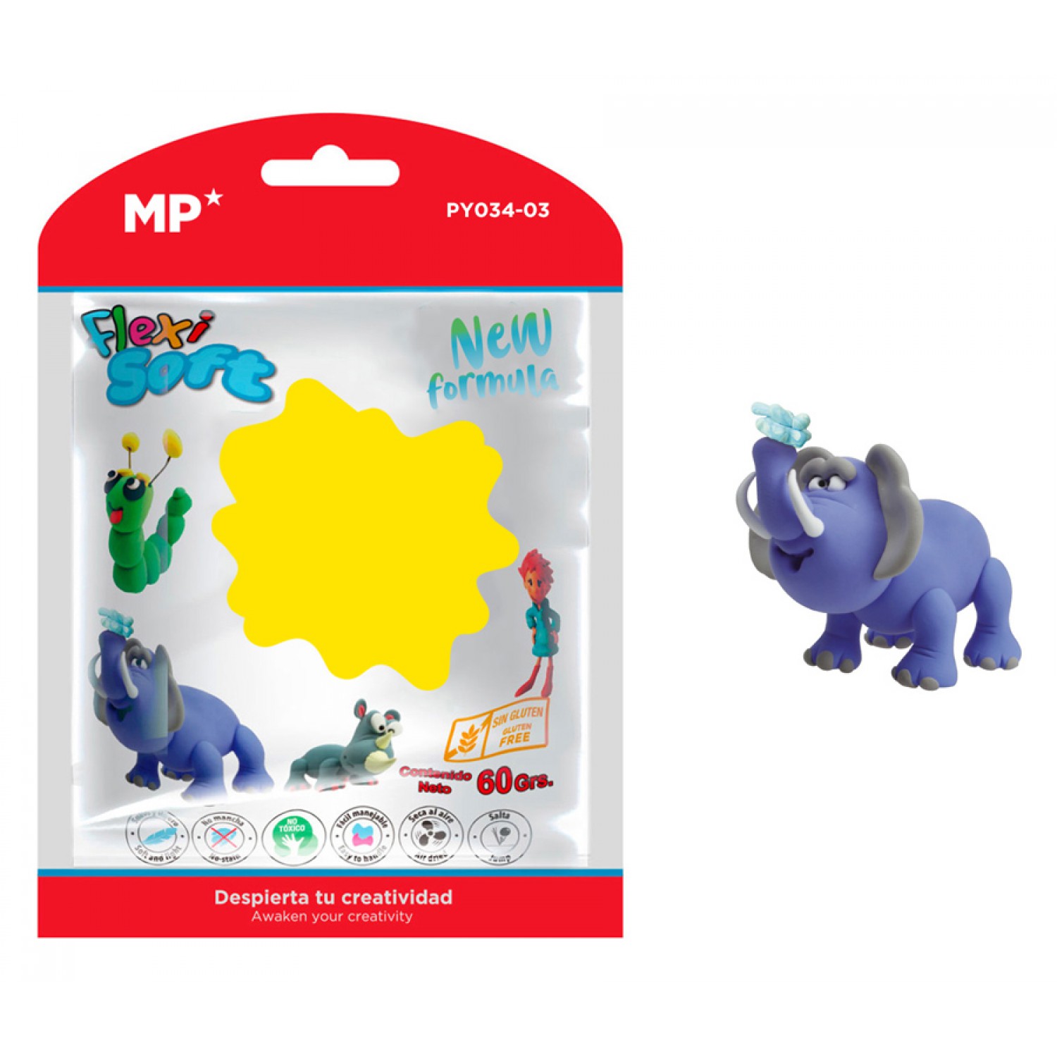 MP πλαστελίνη PY034-03, χωρίς γλουτένη, 60γρ, κίτρινη MP πλαστελίνη PY034-03, χωρίς γλουτένη, 60γρ, κίτρινη