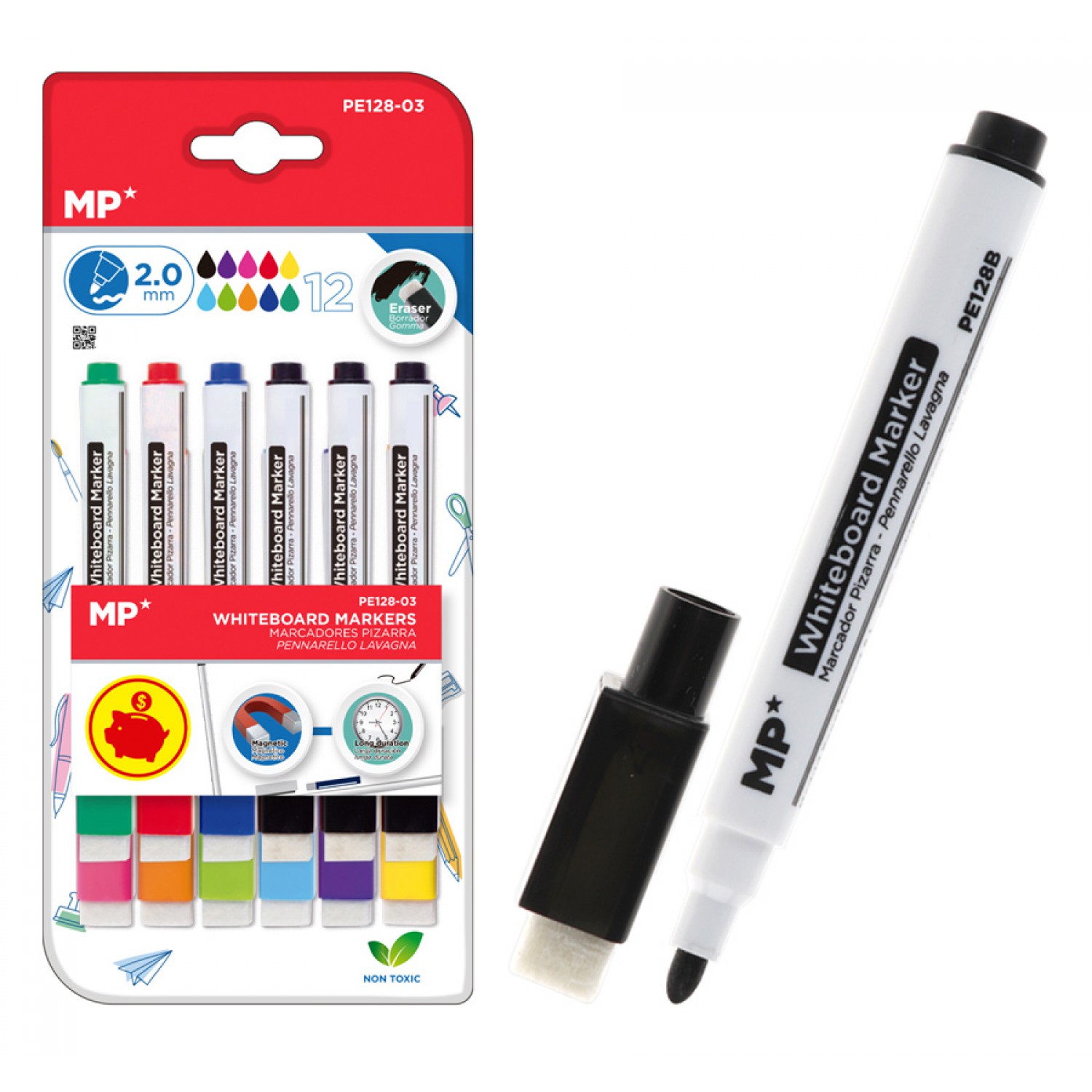MP χρωματιστοί μαρκαδόροι ασπροπίνακα PE128-03, πάχος μύτης 2mm, 12τμχ MP χρωματιστοί μαρκαδόροι ασπροπίνακα PE128-03, πάχος μύτης 2mm, 12τμχ