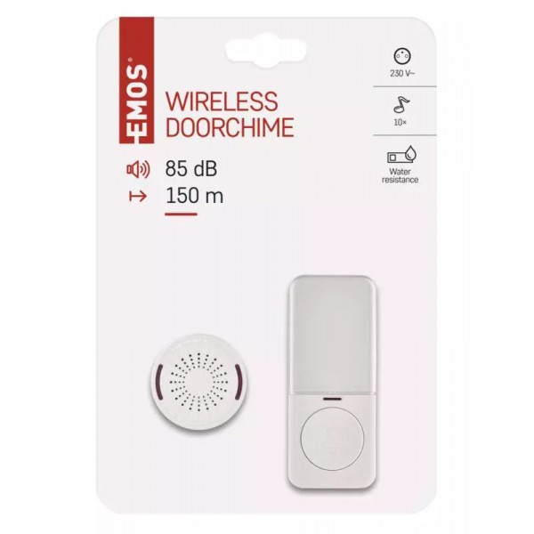 EMOS ασύρματο κουδούνι P5734 με 10 μελωδίες, 150m, 85dB, IP56, λευκό