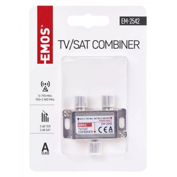 EMOS TV/SAT combiner J0198, 5–2.400MHz, 3dB TER/2dB SAT EMOS TV/SAT combiner J0198, 5–2.400MHz, 3dB TER/2dB SAT