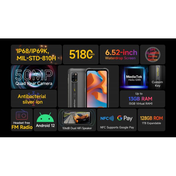 ULEFONE smartphone Armor 12S 4G, 6.52" 8/128GB, 5180mAh, IP68/69K, μαύρο