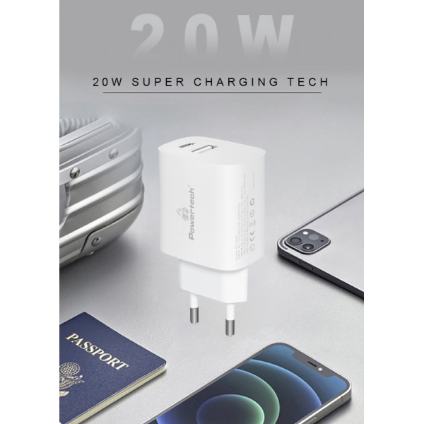 POWERTECH φορτιστής τοίχου PT-1040, USB & USB-C, PD QC3.0, 20W, λευκός POWERTECH φορτιστής τοίχου PT-1040, USB & USB-C, PD QC3.0, 20W, λευκός
