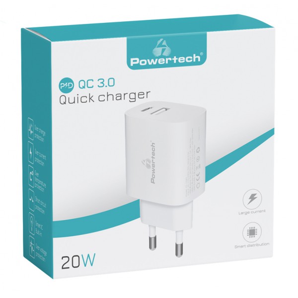 POWERTECH φορτιστής τοίχου PT-1040, USB & USB-C, PD QC3.0, 20W, λευκός POWERTECH φορτιστής τοίχου PT-1040, USB & USB-C, PD QC3.0, 20W, λευκός