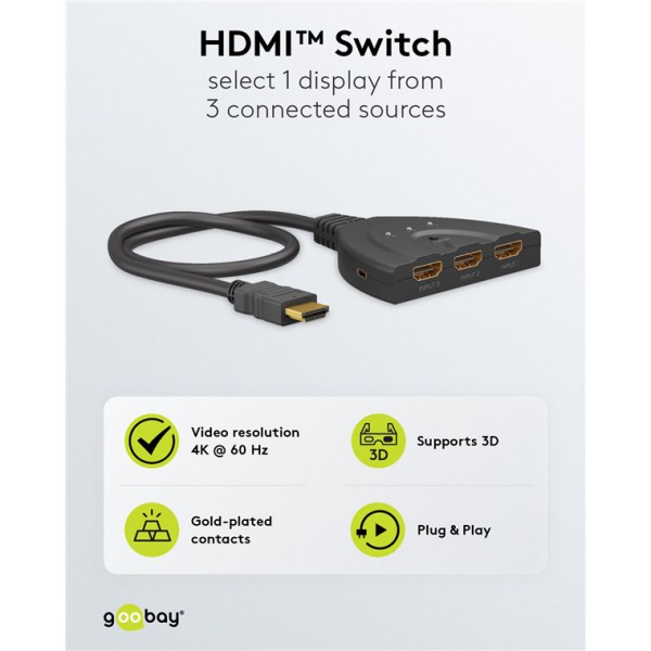 GOOBAY HDMI switch 58488, 3-in σε 1-out, 4K/60Hz, μαύρο GOOBAY HDMI switch 58488, 3-in σε 1-out, 4K/60Hz, μαύρο