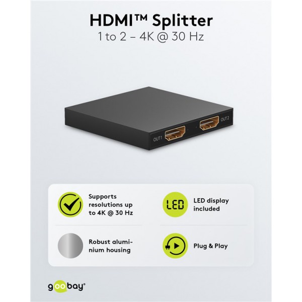 GOOBAY HDMI splitter 58480, 1-in σε 2-out, 4K/30Hz, μαύρο GOOBAY HDMI splitter 58480, 1-in σε 2-out, 4K/30Hz, μαύρο