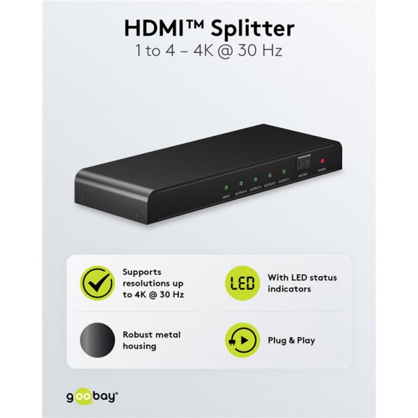 GOOBAY HDMI splitter 58482, 1-in σε 4-out, 4K/30Hz, μαύρο GOOBAY HDMI splitter 58482, 1-in σε 4-out, 4K/30Hz, μαύρο