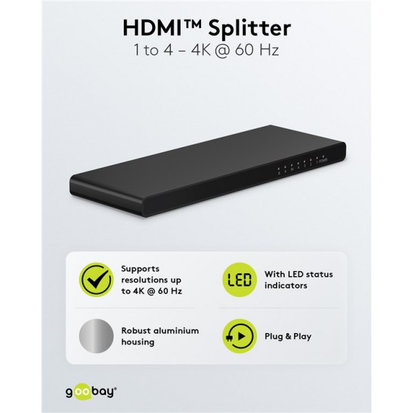 GOOBAY HDMI splitter 58483, 1-in σε 4-out, 4K/60Hz, μαύρο