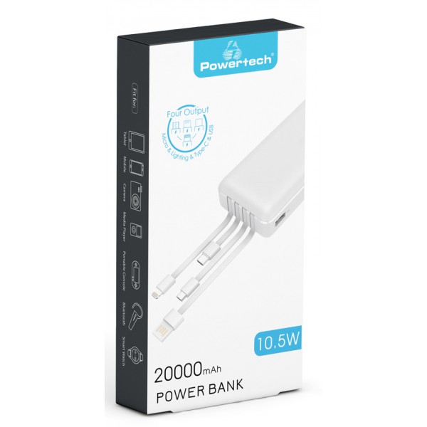 POWERTECH power bank με καλώδια PT-1062 20000mAh, 10.5W, λευκό