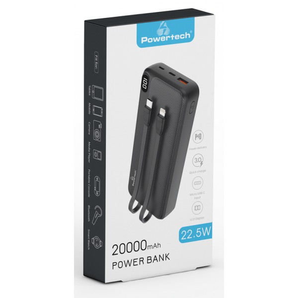 POWERTECH power bank με καλώδια και οθόνη PT-1064 20000mAh, 22.5W, μαύρο POWERTECH power bank με καλώδια και οθόνη PT-1064 20000mAh, 22.5W, μαύρο