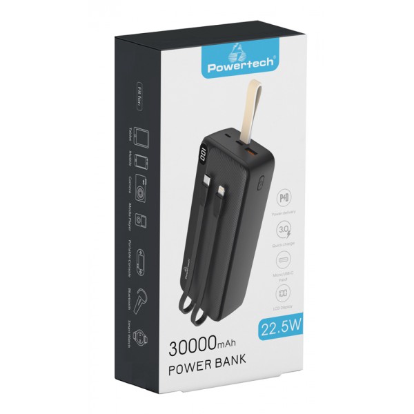 POWERTECH power bank με καλώδια και οθόνη PT-1065 30000mAh, 22.5W, μαύρο POWERTECH power bank με καλώδια και οθόνη PT-1065 30000mAh, 22.5W, μαύρο