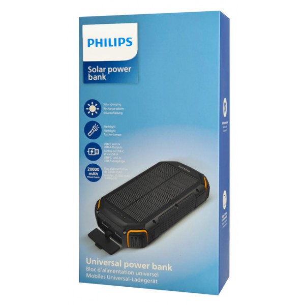 PHILIPS ηλιακό power bank DLP7726N με φακό, 20000mAh, 15W, μαύρο PHILIPS ηλιακό power bank DLP7726N με φακό, 20000mAh, 15W, μαύρο