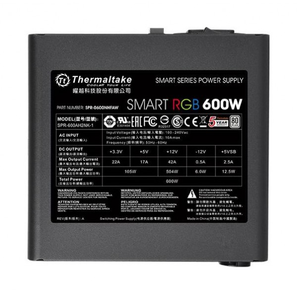 THERMALTAKE τροφοδοτικό PC Smart RGB, 600W, 80 Plus Standard, Active PFC THERMALTAKE τροφοδοτικό PC Smart RGB, 600W, 80 Plus Standard, Active PFC