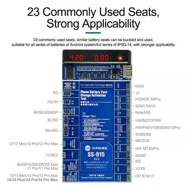 SUNSHINE tester μπαταριών SS-915 για Apple & Android smartphone, V8.0