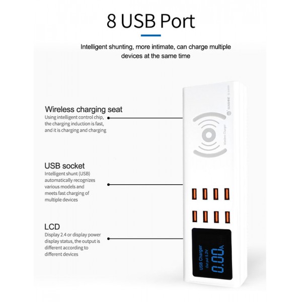 SUNSHINE σταθμός φόρτισης SS-309WD, 8x USB 8A, wireless 10W, λευκός SUNSHINE σταθμός φόρτισης SS-309WD, 8x USB 8A, wireless 10W, λευκός