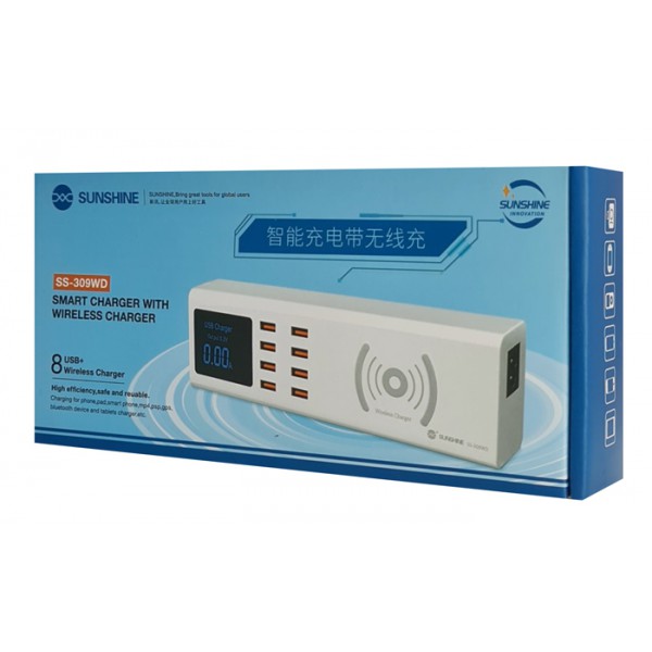 SUNSHINE σταθμός φόρτισης SS-309WD, 8x USB 8A, wireless 10W, λευκός SUNSHINE σταθμός φόρτισης SS-309WD, 8x USB 8A, wireless 10W, λευκός