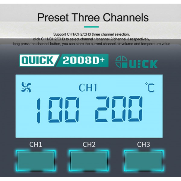 QUICK σταθμός θερμού αέρα QUICK2008D+ με πιστόλι, 750W, 100~450 °C QUICK σταθμός θερμού αέρα QUICK2008D+ με πιστόλι, 750W, 100~450 °C
