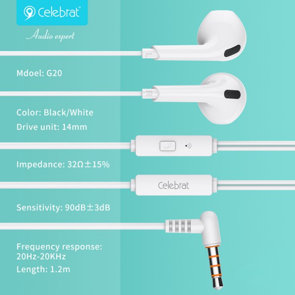 CELEBRAT earphones με μικρόφωνο G20, 3.5mm, 1.2m, λευκά