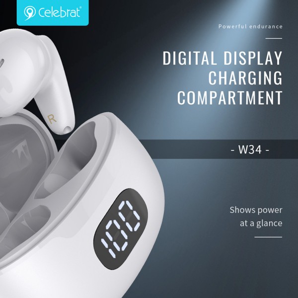 CELEBRAT earphones με θήκη φόρτισης TWS-W34, True Wireless, λευκά CELEBRAT earphones με θήκη φόρτισης TWS-W34, True Wireless, λευκά