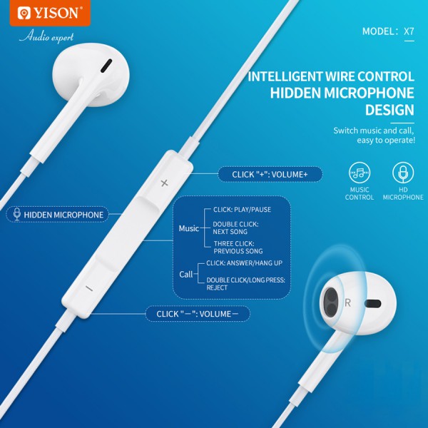 YISON earphones με μικρόφωνο X7, Lightning, 1.2m, λευκά YISON earphones με μικρόφωνο X7, Lightning, 1.2m, λευκά
