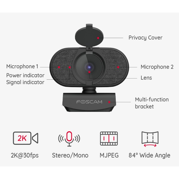 FOSCAM web κάμερα W41, USB, 4MP, 2K, μικρόφωνο, 84° γωνία θέασης, μαύρη