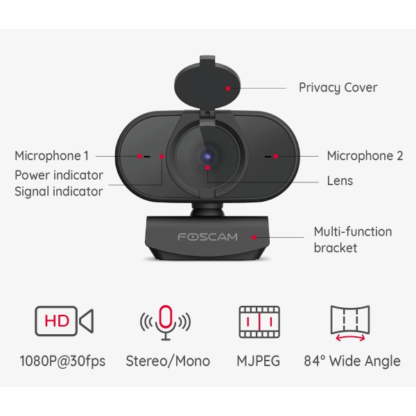 FOSCAM web κάμερα W25, USB, 2MP, Full HD, mic, 84° γωνία θέασης, μαύρη