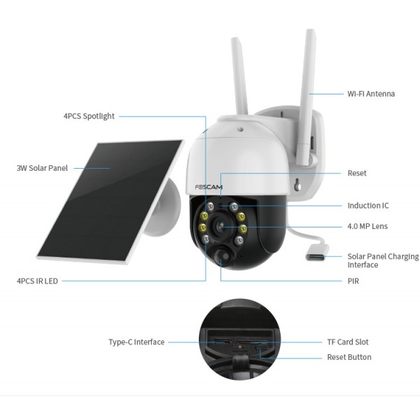 FOSCAM smart IP ηλιακή κάμερα B4, 5000mAh, IP65, 4MP, WiFi, PTZ FOSCAM smart IP ηλιακή κάμερα B4, 5000mAh, IP65, 4MP, WiFi, PTZ