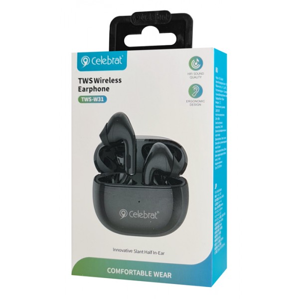 CELEBRAT earphones με θήκη φόρτισης W31, True Wireless, μαύρα