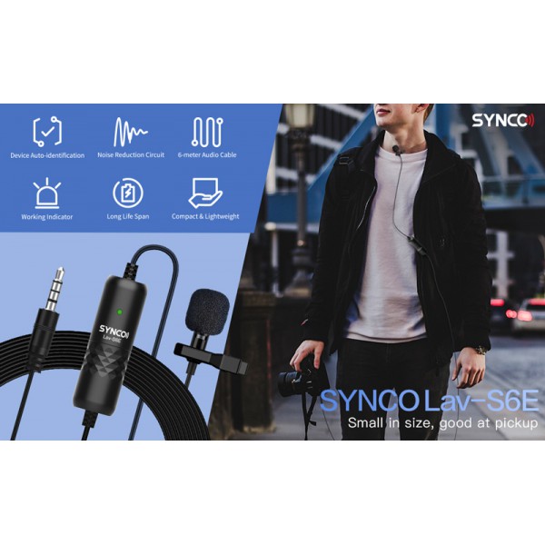 SYNCO μικρόφωνο Lav-S6E με clip-on, omnidirectional, 3.5mm, 6m, μαύρο SYNCO μικρόφωνο Lav-S6E με clip-on, omnidirectional, 3.5mm, 6m, μαύρο