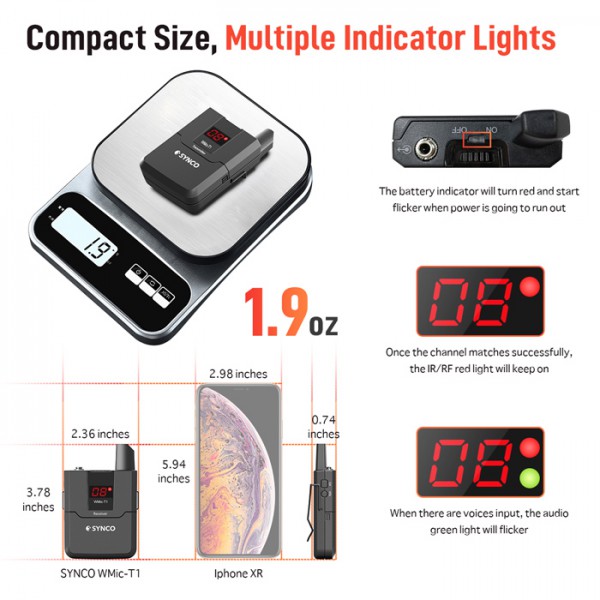 SYNCO ασύρματο μικρόφωνο Wmic-T1, ενσωματωμένο clip-on, UHF, γκρι SYNCO ασύρματο μικρόφωνο Wmic-T1, ενσωματωμένο clip-on, UHF, γκρι