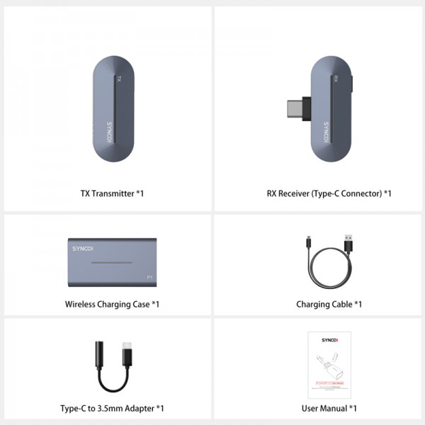 SYNCO ασύρματο μικρόφωνο P1T με θήκη φόρτισης, USB-C, 2.4GHz, γκρι SYNCO ασύρματο μικρόφωνο P1T με θήκη φόρτισης, USB-C, 2.4GHz, γκρι