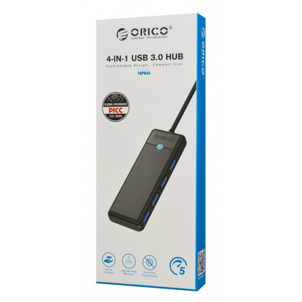 ORICO USB hub PAPW4A-C3, 4x θυρών, 5Gbps, USB-C σύνδεση, μαύρο ORICO USB hub PAPW4A-C3, 4x θυρών, 5Gbps, USB-C σύνδεση, μαύρο